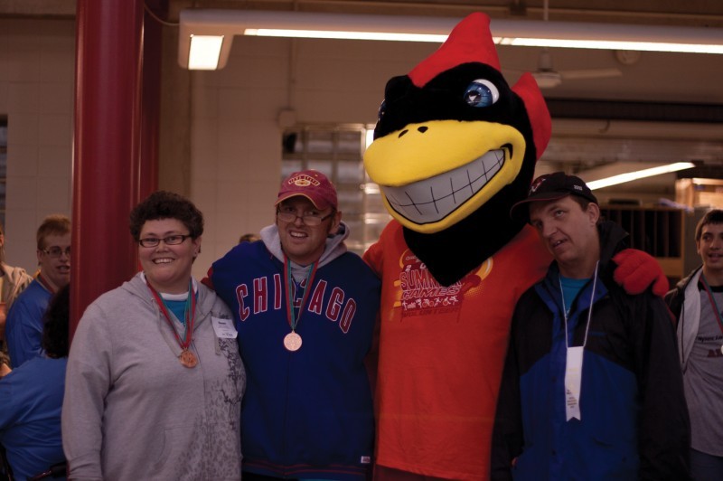 Iowa States mascot, Cy, brings cheer to Special Olympians who participated in track and field events May 27.