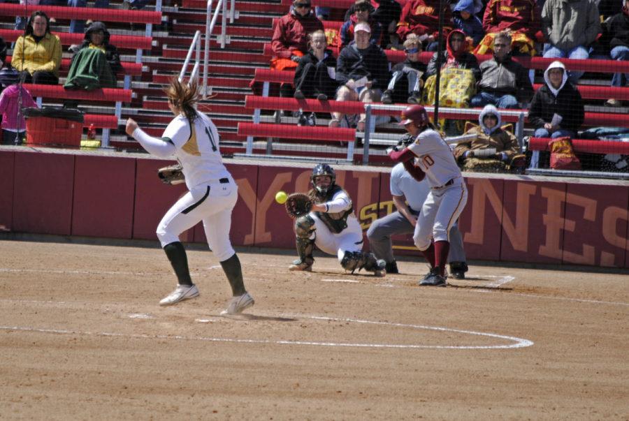 ISU first basewoman Erica Miller watches a called third strike from Baylor pitcher Whitney Canion during the first inning of Iowa States game with Baylor on May 1 at the Southwest Athletic Complex. Baylor won the game 10-1.