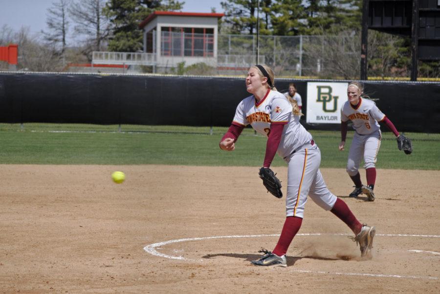 ISU+pitcher+Breeana+Holliday+pitches+during+the+game+against+Baylor+on+May+1+at+the+Southwest+Athletic+Complex.+Baylor+won+the+game+10-1.+Holliday+pitched+five+innings%2C+allowing+three+runs+on+eight+hits+in+the+losing+effort.