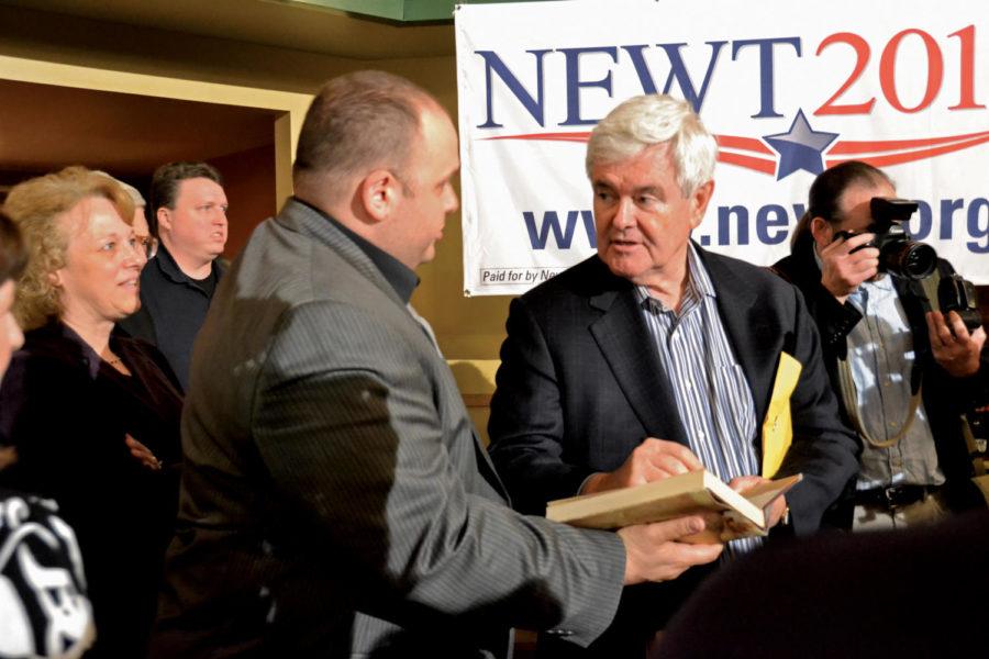 Republican presidential candidate Newt Gingrich speaks to Ames residents May 19 at Olde Main Brewery. Gingrich spoke about his plans and the future he foresees for America.