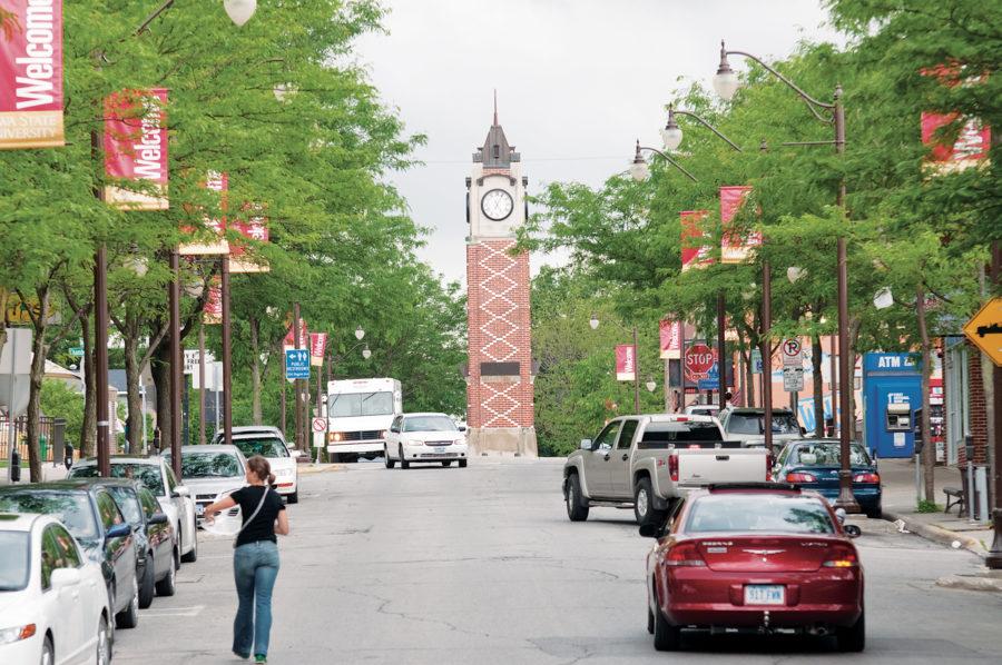 A view down Welch Avenue toward the Campustown Clocktower.