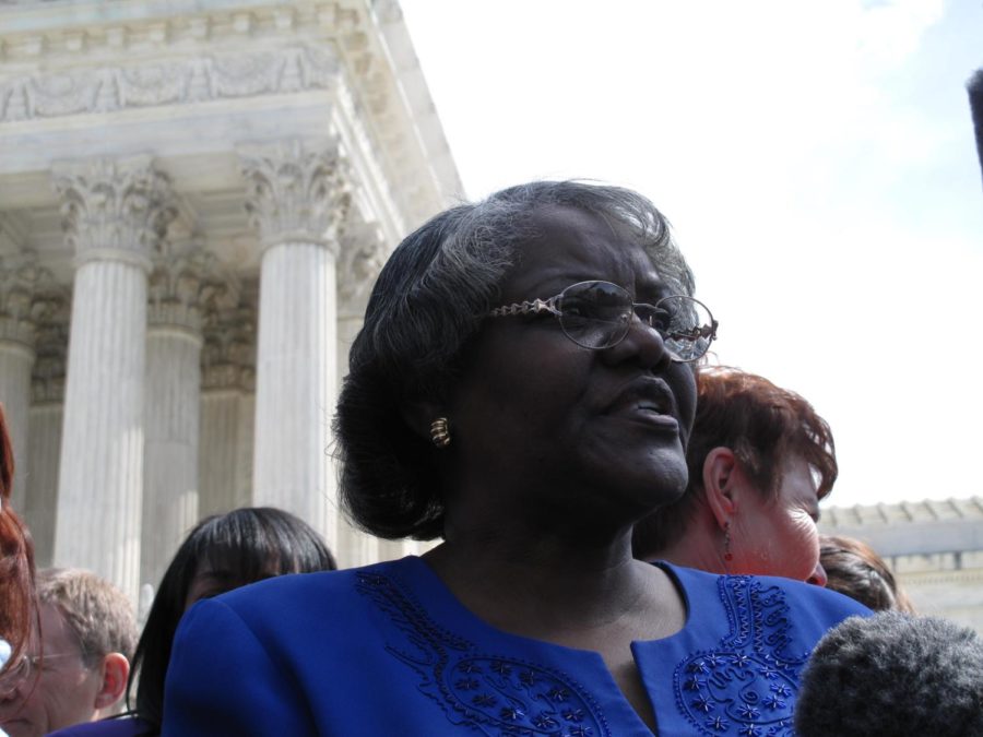About 70 demonstrators rallied outside the U.S. Supreme Court, March 29, during arguments about whether an employment bias lawsuit against Wal-Mart Stores Inc. should be designated a class-action case. Named plaintiff Betty Dukes, supported by other current and former employees, Christine Kwapnoski and Edith Arana, later spoke with reporters.