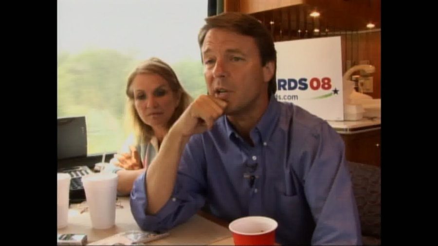 Elizabeth Edwards sits with John Edwards during a campaign visit to Iowa in 2007, when Edwards was a candidate for the 2008 presidential election.