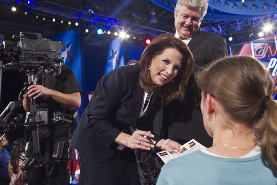 Minnesota Representative Michele Bachmann signs autographs for
audience members after the CNN GOP Debate at Saint Anselm College
in Manchester, New Hampshire on June 13.
