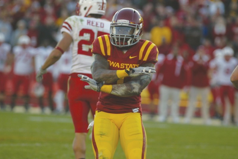 Defensive+back+David+Sims+calls+a+missed+catch+during+the+game+against+Nebraska+on+Saturday%2C+Nov.+6+at+Jack+Trice+Stadium.+Sims+had+13+tackles+against+the+Huskers.