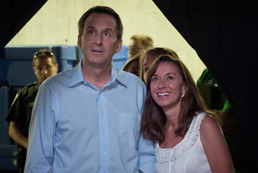 Republican presidential candidate Tim Pawlenty and his wife wait
for their turn to go on stage Aug. 13 at Hilton Coliseum. 
