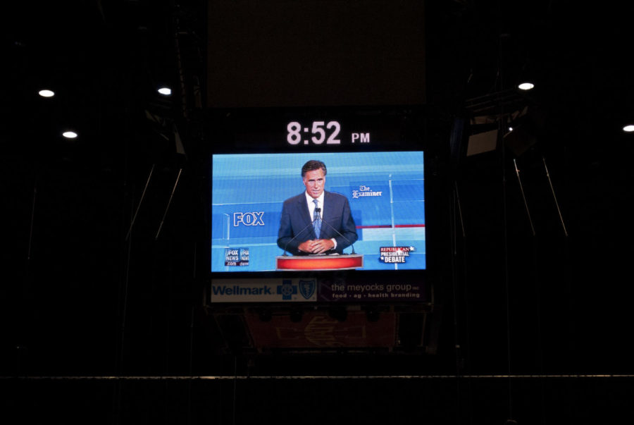 Mitt Romney discusses his views on the important issues in the
upcoming election at the 2011 Ames GOP Presidential Debate. He
appeared on the video screen in Hilton Coliseum on Aug. 11.
