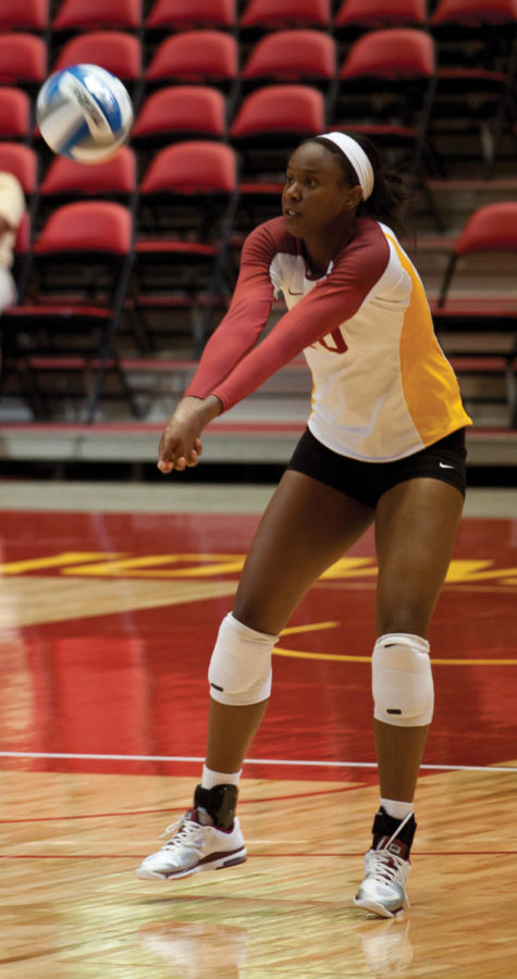 Victoria Hurtt receives a serve on Aug. 20 at Hilton Coliseum
during the cardinal vs. gold scrimmage game.
