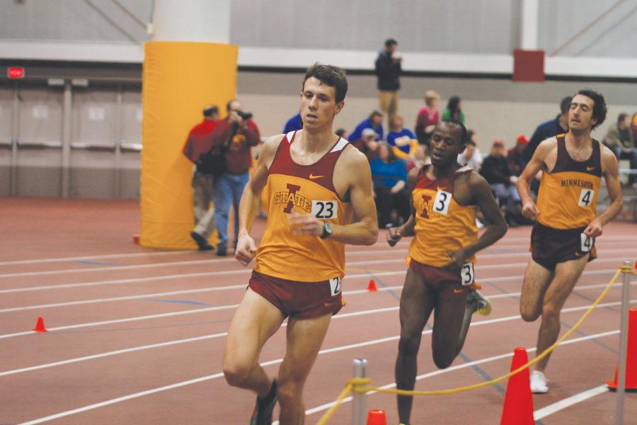 Distance runner Rico Loy leads the pack in the 800-meter run during the Bill Bergan Invitational held Saturday, Jan. 29 at the Lied Recreation Center.
