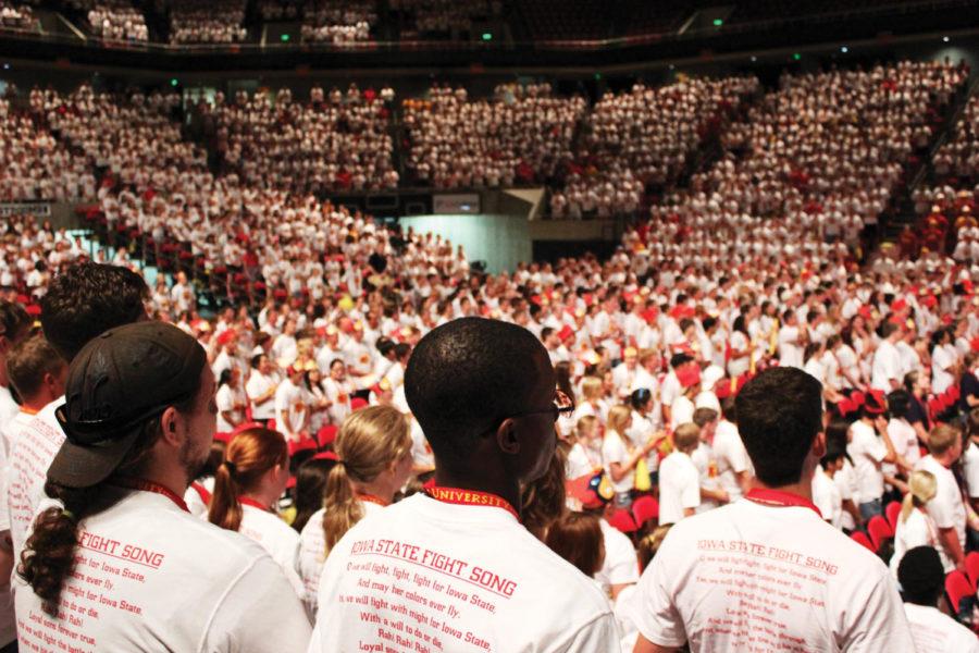 Incoming students stand inside Hilton Coliseum for the
Destination Iowa State Kickoff event on Aug. 18. This years
incoming freshman class is the largest Iowa State has ever had.
