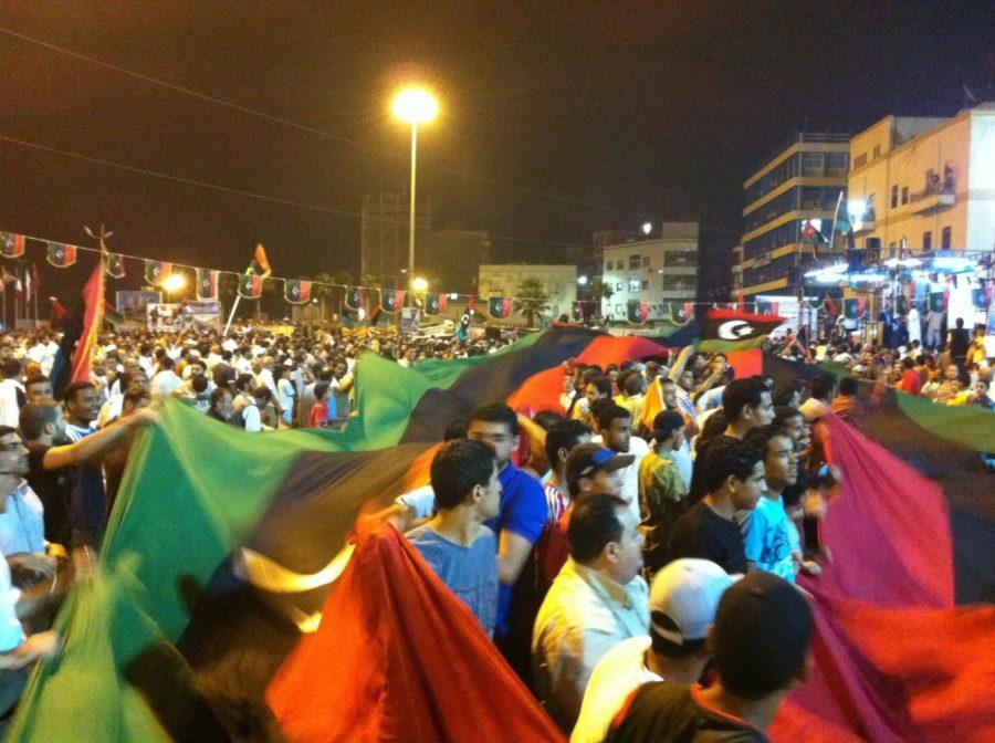 Sammi Addahoumi shot this picture this morning of Libyans in
Benghazi celebrating the crumbling of Muammar Gadhafis regime.
The people want to go to Tripoli, he said. Not to fight, simply
just to witness free Tripoli.
