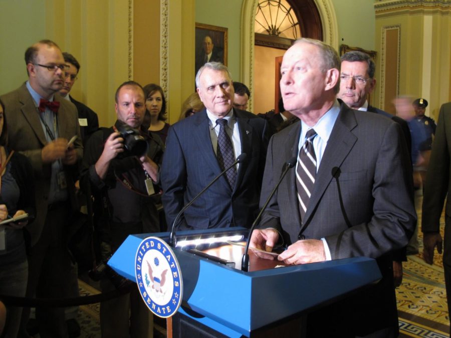 Sen. Lamar Alexander, R-Tenn. (right) and Sen. Jon Kyl, R-Ariz
speak to the news media after the Senate passed legislation
increasing the debt ceiling August 2. The measure passed on 74-26
vote and went to President Barack Obama, who signed it into law
hours before the federal government would have faced a possible
default.

