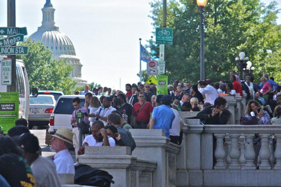 People are evacuated from several buildings in Washington, D.C.
area on August 23, 2011, following a 5.8 earthquake in
Virginia.
