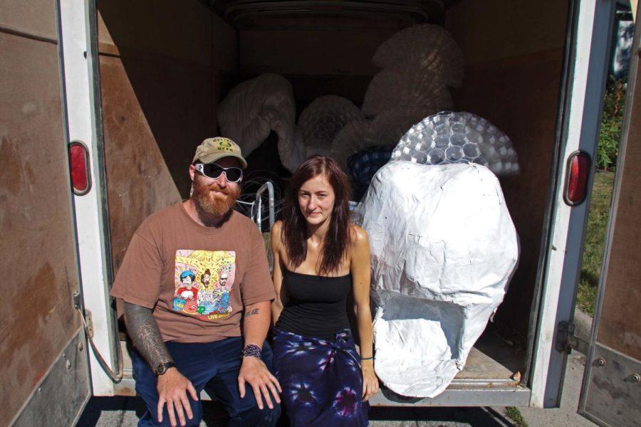 Lyndsey Batz, junior in political science, and Jay Parry, senior
in English, pack a trailer in preparation to leave for their trip
to Burning Man 2011 on Friday at Parrys home. Burning Man is a
weeklong annual art festival that takes place in Nevadas Black
Rock Desert.
