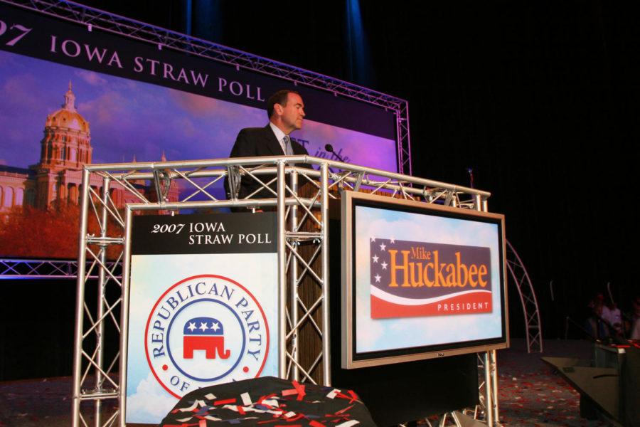 Republican presidential candidate Mike Huckabee gives a speech during the 2007 Iowa Straw Poll. Huckabee would go onto win the 2008 Iowa Caucus.
