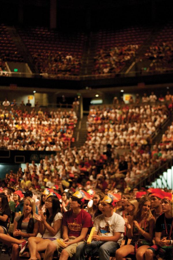 Members of the largest freshman class in the history of Iowa
State fill the seats of Hilton Coliseum on Thursday, Aug. 18, 2011
during the Destination Iowa State Kick-off event. DIS is a
three-day event for freshmen and transfer students to get to know
campus before they begin classes.
