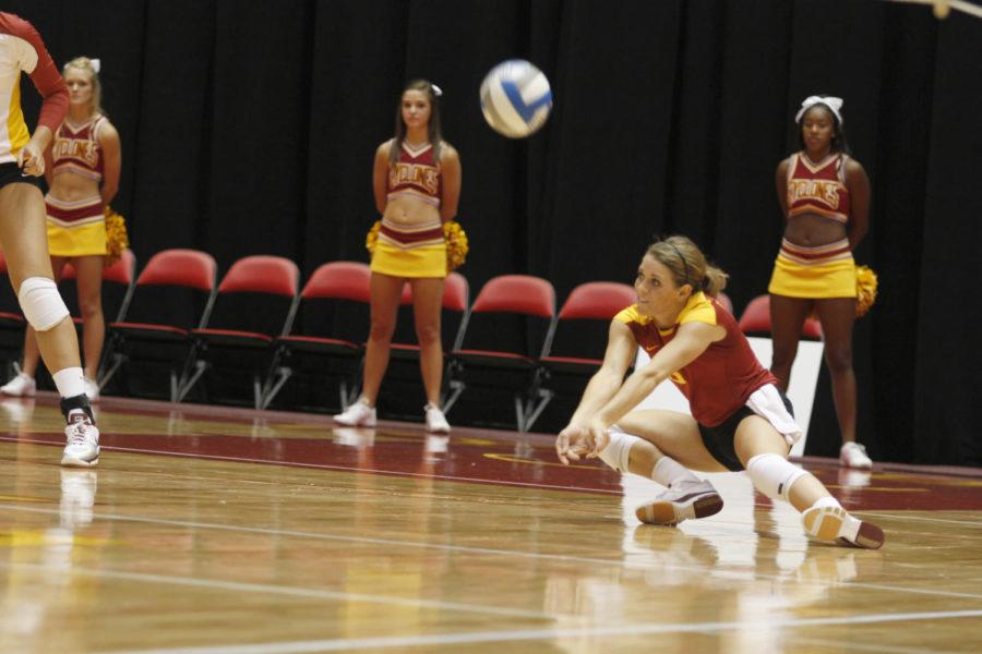 Libero Kristen Hahn bumps the ball to her teammates during the
Iowa State - Arizona State game held Friday, Sept. 2 at Hilton
Coliseum. Hahn gave 22 digs to help the Cyclones defeated the
Sundevils 3-1.
