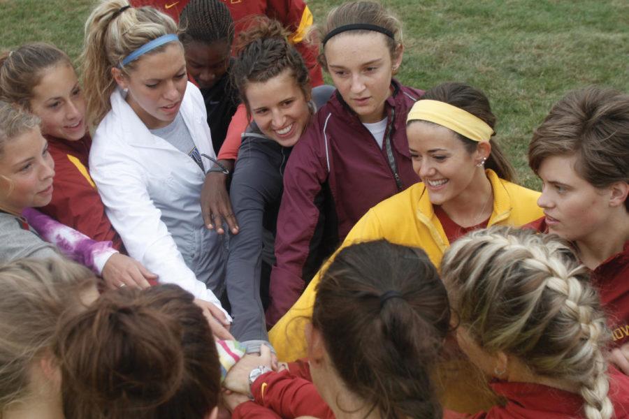 The ISU womens cross-country team huddles up before their race
on Saturday, Sept. 17, at the Iowa Intercollegiate meet in
Ames.
