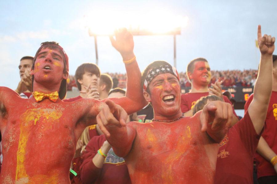 Fans cheer during the ISU-UNI game held Saturday, Sept. 3 at Jack Trice Stadium. The Cyclones ended the night with a 20-19 victory over the Panthers.
