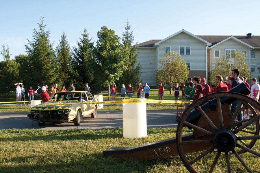 Frederiksen Court held the Beat Iowa Bash Sept. 9, 2011 in
preparation for the Iowa - Iowa State football game. There were fun
games and anti-Iowa activities. Students lined up to take swings at
the Hawkeye embellished car that Alpha Sigma Phi contributed.
