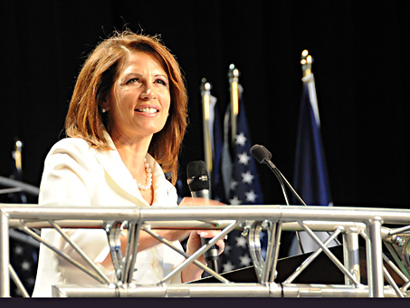 Rep. Michele Bachmann, a Republican presidential candidate,
gives her final straw poll speech Aug. 13 at Hilton Coliseum.
Bachmann was the winner of the 2011 Ames Straw Poll, earning 28.5
percent (4,823) of the total vote.
