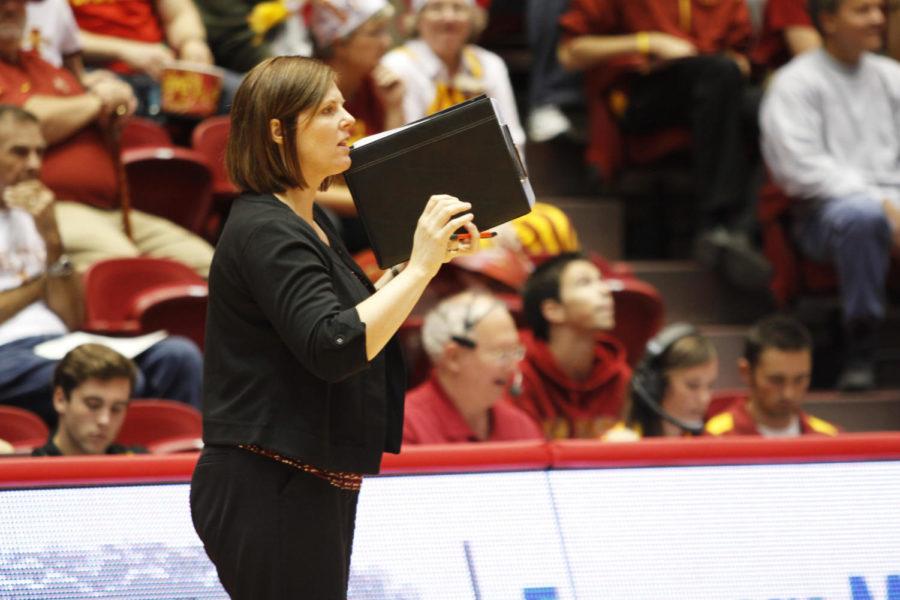 Head coach Christy Johnson-Lynch coaches her team from the sidelines during the Iowa State vs. Missouri game on Sept. 21, 2011, at Hilton Coliseum. Lynch tied the school record for most wins as coach.