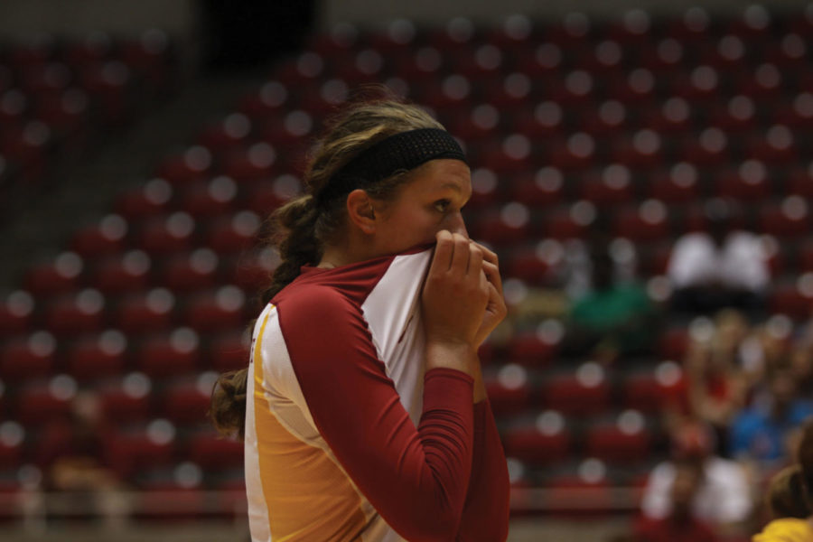 Carly Jenson prepares for the next point during the ISU
volleyball teams scrimmage on Aug. 20 at Hilton Coliseum. 
