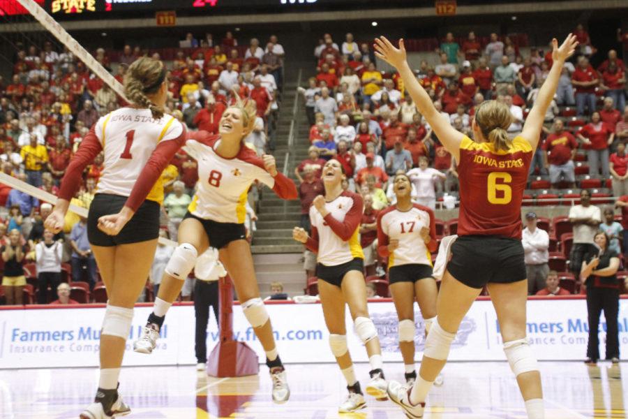 The Cyclones celebrate the final winning point to defeate
Arizona State 3-1, Friday, Sept. 2 as a part of the Iowa State
Challenge at Hilton Coliseum. 
