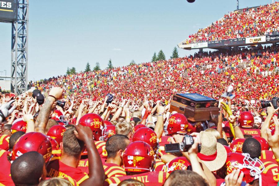 Iowa+State+celebrates+winning+the+Cy-Hawk+Trophy+on+Saturday%2C%0ASept.+10+at+Jack+Trice+Stadium.+The+Cyclones+defeated+the+Hawkeyes%0A44-41.%C2%A0%0A