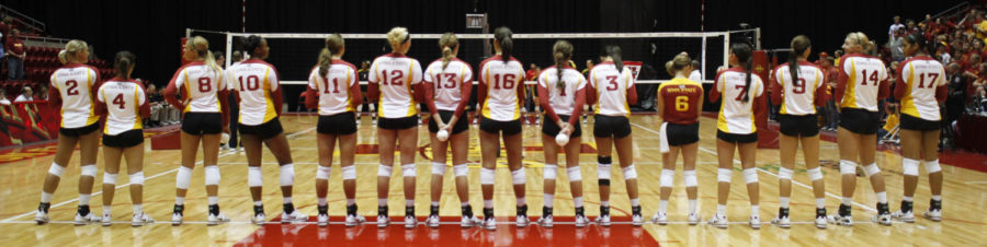 Iowa States volleyball team lines up before the start of the
game against Missouri Wednesday, Sept. 21 at Hilton Coliseum.The
Cyclones defeated the Tigers in all three sets.
