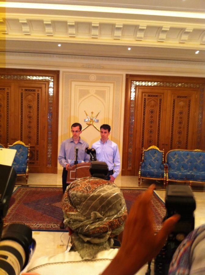 Americans Josh Fattal and Shane Bauer speak to the news media in
Muscat, Oman on Saturday, Sept. 24, 2011. Iran freed the two from
prison on Wednesday.  

