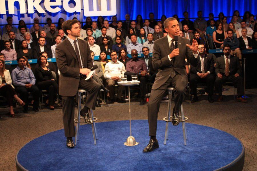 President Barack Obama and Linkedin CEO Jeff Weiner speak at the
LinkedIn Town Hall meeting in Mountain View, Calif. Monday, Sept.
26, 2011.
