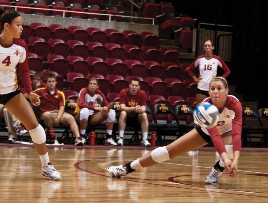 Hannah Willms digs up the ball on Aug. 20 at Hilton Coliseum
during the cardinal vs. gold scrimmage. 
