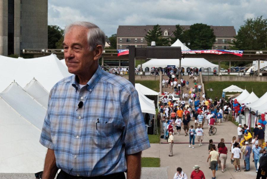 Candidate Ron Paul prepares for an inteview during the 2011 Iowa
Straw Poll on Aug. 13 at Hilton Coliseum.
