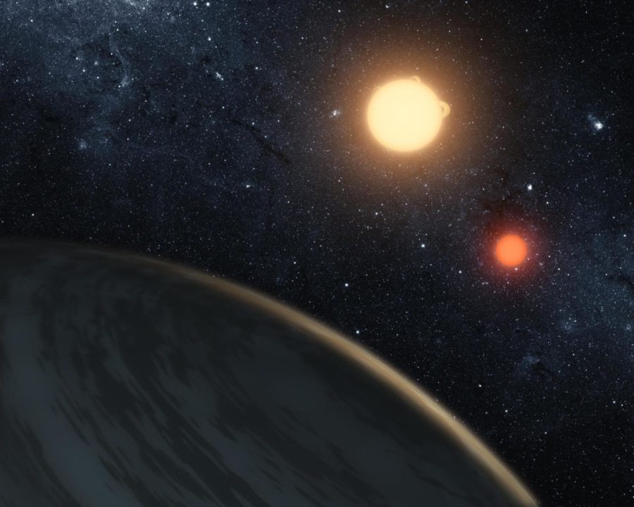 This artists concept illustrates Kepler-16b, the first planet
known to definitively orbit two stars — whats called a
circumbinary planet. The planet, which can be seen in the
foreground, was discovered by NASAs Kepler mission.
