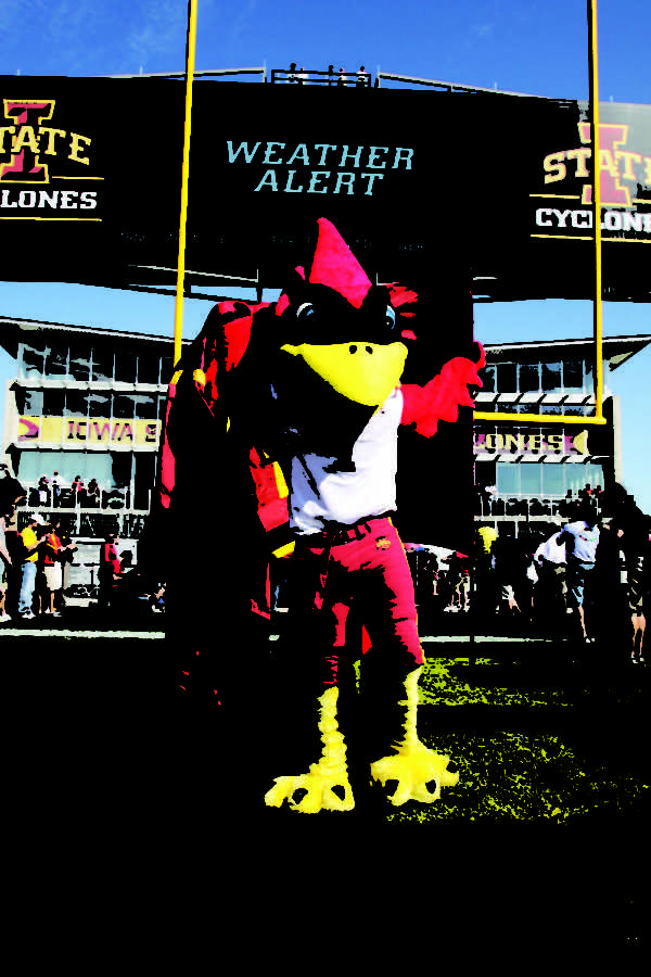 Cy walks on the field and pumps up the crowd before the start of
the Iowa vs. Iowa State game on Saturday, Sept. 10. Reports claim
that Cy was allegedly pushed at the game against UConn on Friday
resulting in the mascots broken arm.
