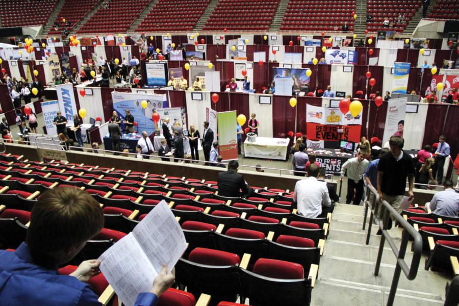 The seats of Hilton Coliseum offer a respite for students at the
Business, Liberal Arts and Sciences, and Human Sciences Career Fair
on Wednesday, Sept. 28. The floors were bustling with students
looking for internships and jobs. 
