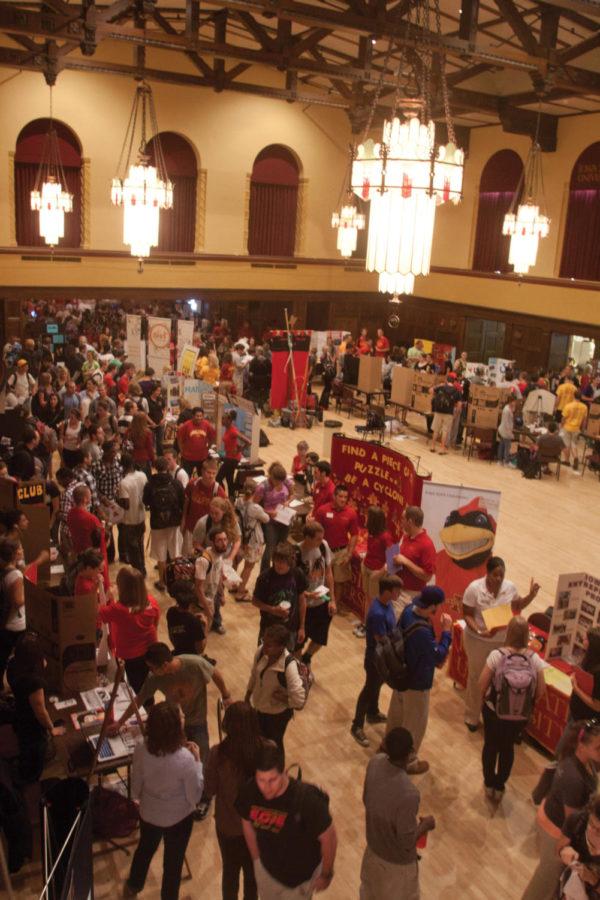 Several hundred students pass through the Great Hall of the
Memorial Union on Thursday, Sept. 7, at ClubFest. Iowa State has
more than 800 clubs and organizations to get involved in on its
campus. 
