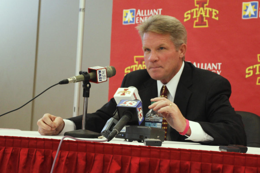 Coach Bill Fennelly talks about the upcoming season to reporters
during the womens basketball media day event Tuesday, Oct. 4 at
the Sukup Basketball Complex in west Ames. Fennelly talked about
the challenge of injuries and the hopes of new players to the
team.

