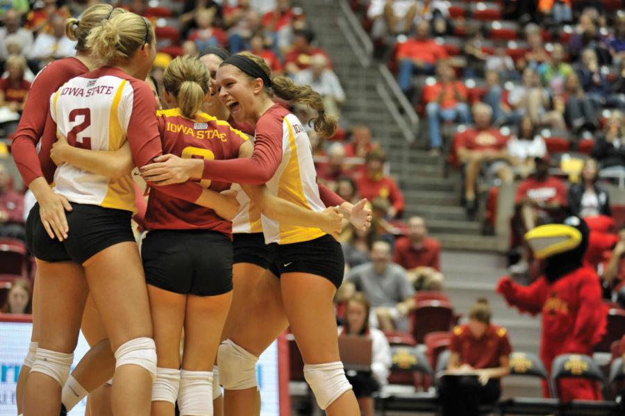Cyclone players cheer after score during the match against
Oklahoma on Saturday, Oct. 8, at Hilton Coliseum. Iowa State beat
the Sooners 3-1. 
