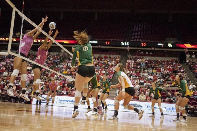 Right-side hitter Kelsey Petersen and middle blocker Tenisha
Matlock block the spike from the Baylor opposition Saturday, Oct.
15..
