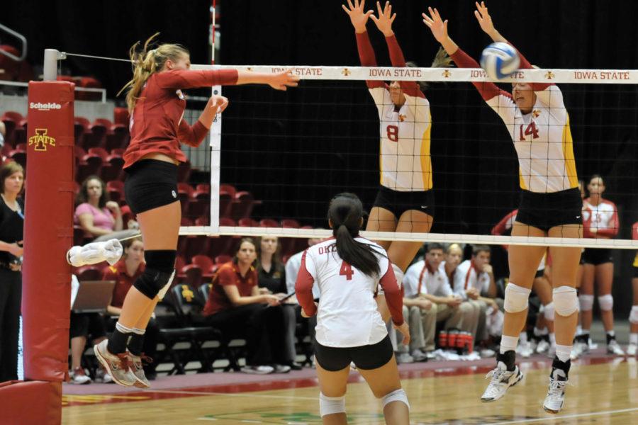 Kelsey+Petersen+and+Jamie+Straube+attempt+to+block+the+spike%0Afrom+an+Oklahoma+player+during+the+match+Saturday%2C+Oct.+8+at+Hilton%0AColiseum.+Iowa+State+beat+the+Sooners+3-1.%0A