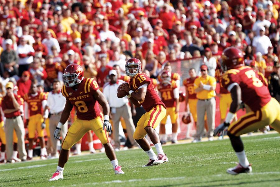 Quarterback Jared Barnett prepares to pass the ball during the
game against Texas A&M on Saturday, Oct. 22. Barnett passed for
a total of 180 yards throughout the game and the Cyclones lost to
the Aggies with a final score of 33-17. 
