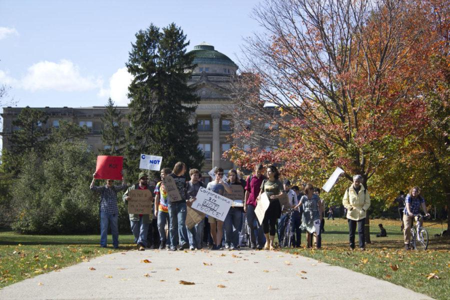 Demonstrators moved from Parks Library back to Central Campus
during the Occupy ISU movement. The protesters gathered Thursday,
Oct. 13, to voice their concerns about the economy, especially debt
from school and financial issues due to job loss.
