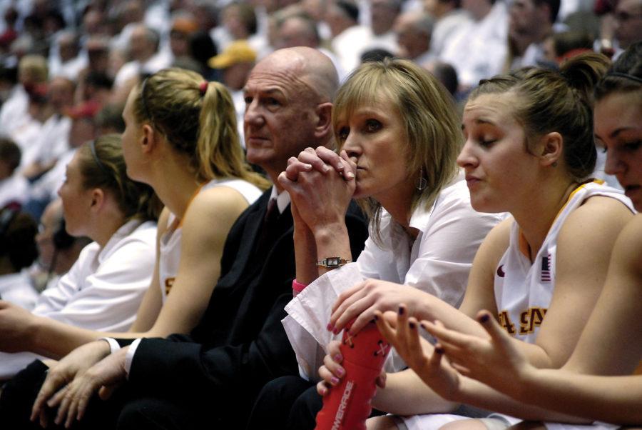 Iowa State assistant coach Jodi Steyer closely watches the game against the Longhorns at Hilton Coliseum on Feb. 21. The Cyclones defeated the Longhorns in overtime 66-57.