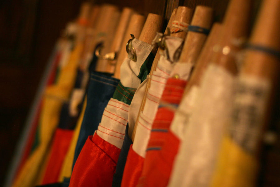 Flags of Latin American countries rest on a wall at the Latino Noche de Cultura on Oct. 15, 2011, in the Great Hall of the Memorial Union. The flags were paraded around the Great Hall after the various dances. 