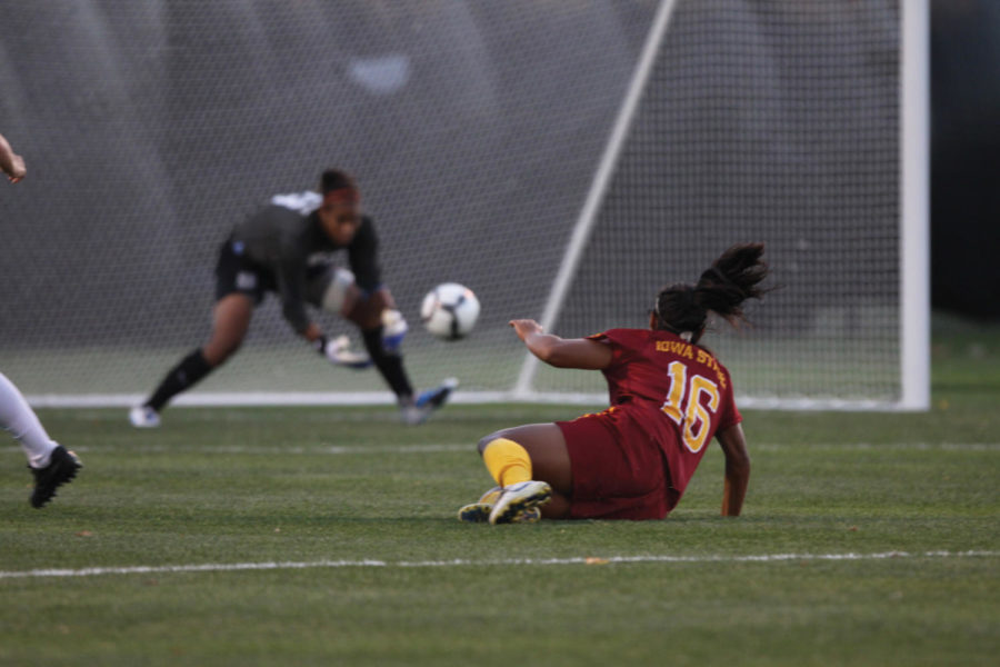 Jennifer Dominguez makes an attempt on goal after making her way
through the Oklahoma State defense. Dominguez put pressure on the
Cowgirls during the match, giving the Cyclones chances on goal.
Iowa State lost 1-0 to the No. 2 Cowgirls.
