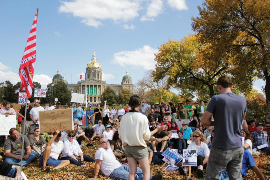 Protestors gather for the Occupy Iowa rally on the lawn of the
Iowa State Capitol to discuss their agenda during what will become
a daily meeting on Sunday, Oct. 9. While the forum was moderated,
anyone wishing to present an opinion, rebuttal or proposal was
allowed time to speak. 

