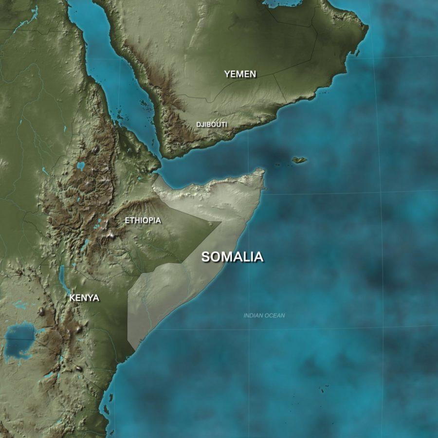 Locator map of Somalia, capital is Mogadishu. Somalia is
bordered by Kenya, Ethiopia, and across the Gulf of Aden from
Yemen.
