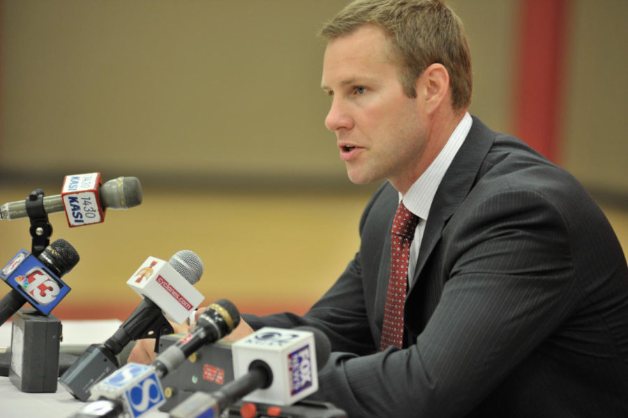 Head coach Fred Hoiberg talks about the up-coming season at the
Mens Basketball Media Day on Wednesday, Oct. 12, at the Sukup
Practice Facility.
